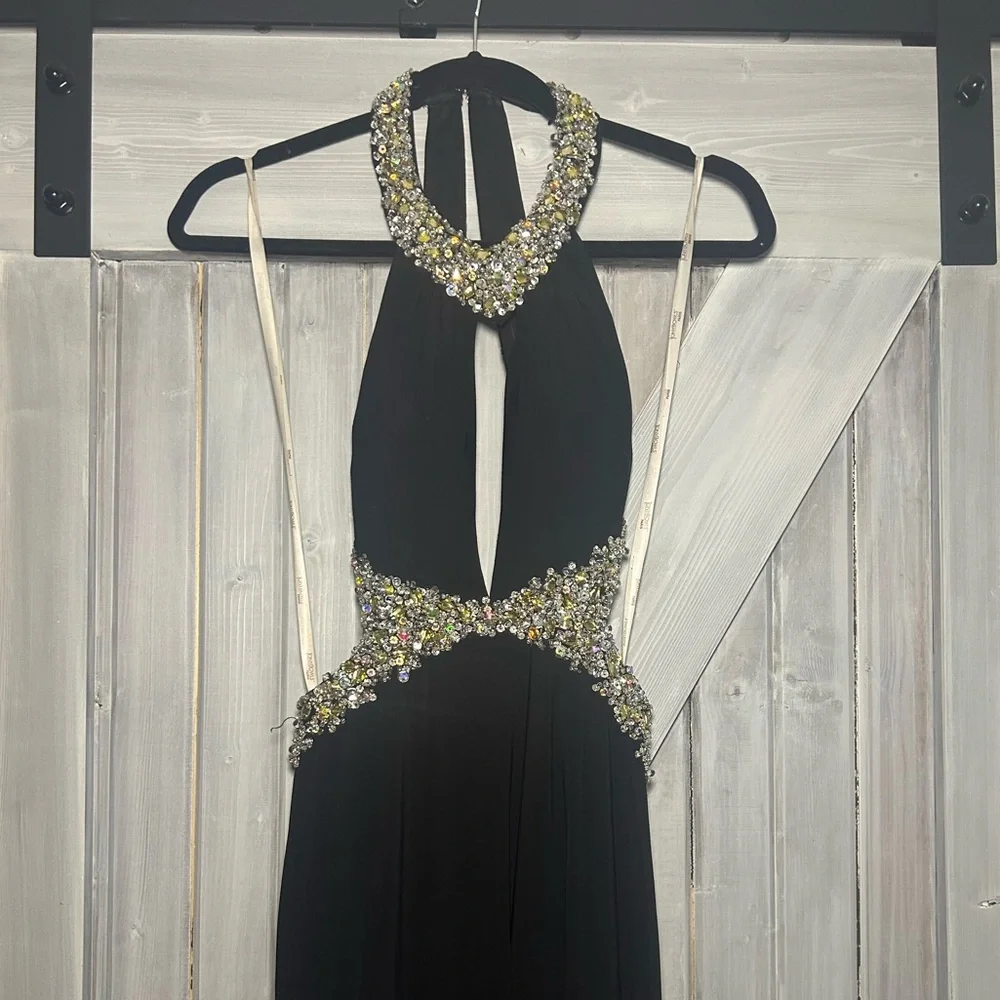 Tony Bowls Black Backless Gown with Waist Cape - Picture 1 of 5